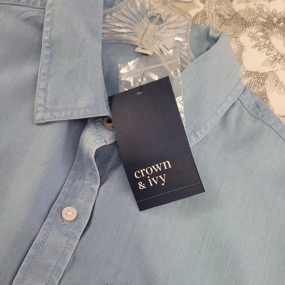 Crown & Ivy Blue Chambray Tencel Long Sleeve Button Up Blouse Size Medium NWT - Picture 3 of 12